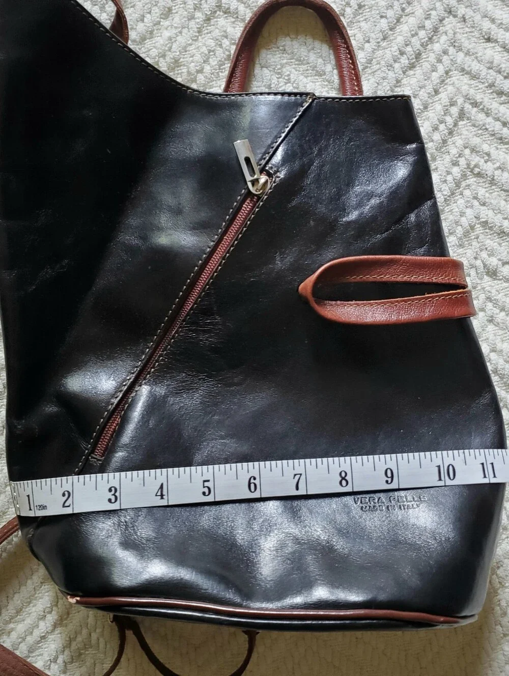 Italian Leather Backpack Purse Fiorella Black Tan Asymmetrical Made In Italy